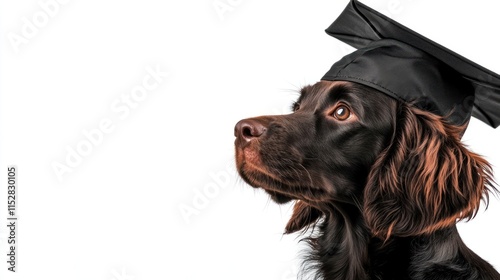 Graduating Pup: Funny Dog in Black Graduation Cap at Training School, Isolated on White Background