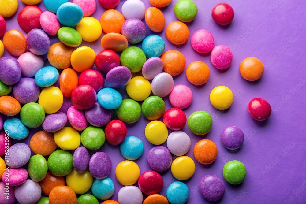 Colorful Candy Sweets, Round Candies, Gummy, Purple Background, Bird's Eye View, Food Photography, Sweet Treats Colorful Candy Sweets, Round Candies, Gummy, Purple Background, Bird's Eye View, Food Photography, Sweet Treats