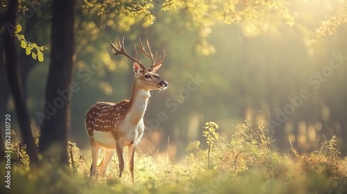 Wild Deer Gracefully Standing in Green Background Capturing Wildlife Amidst Nature's Beauty photo