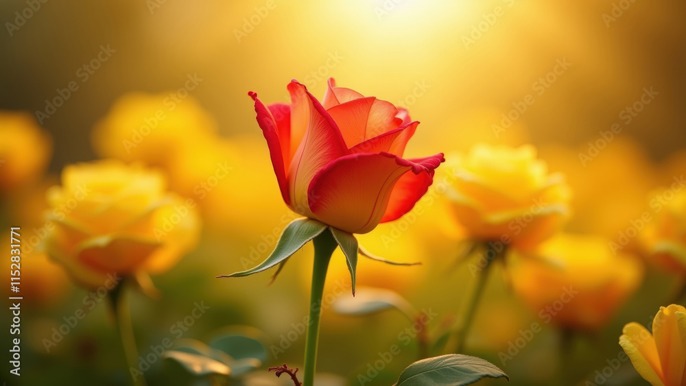 Single Red-Orange Rose Amid Yellow Roses at Sunset, Featuring Vibrant Blooms and Backlit Petals in a Warm Garden Scene Single Red-Orange Rose Amid Yellow Roses at Sunset, Featuring Vibrant Blooms and Backlit Petals in a Warm Garden Scene