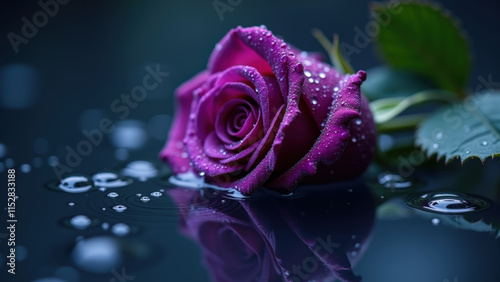 Purple Rose with Delicate Petals and Water Droplets on Dark Background, Showcasing Vibrant Bloom and Elegance
