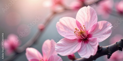 Delicate Pink Blossom in Soft Sunlight, a Close-Up View of Nature's Beauty