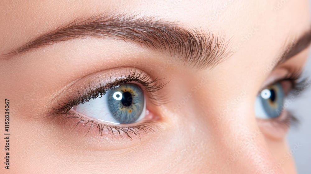 Obraz premium A close-up of striking blue eyes, showcasing delicate eyelashes and perfectly shaped eyebrows against a soft background.