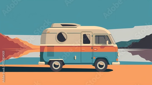 Minimalist Illustration of a Camper Van Parked Near a Lake with Mountains in the Background