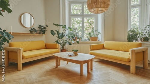 Bright living room with yellow sofas, wooden coffee table, and plants. photo