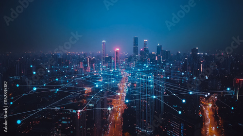Wallpaper Mural Smart digital city with connection cyber security network reciprocity over the cityscape . future smart wireless digital city and social media networking systems that connects people within the city Torontodigital.ca