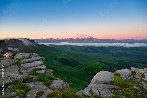 Mount Elbrus view from the Bermamyt plateau on a summer morning photo