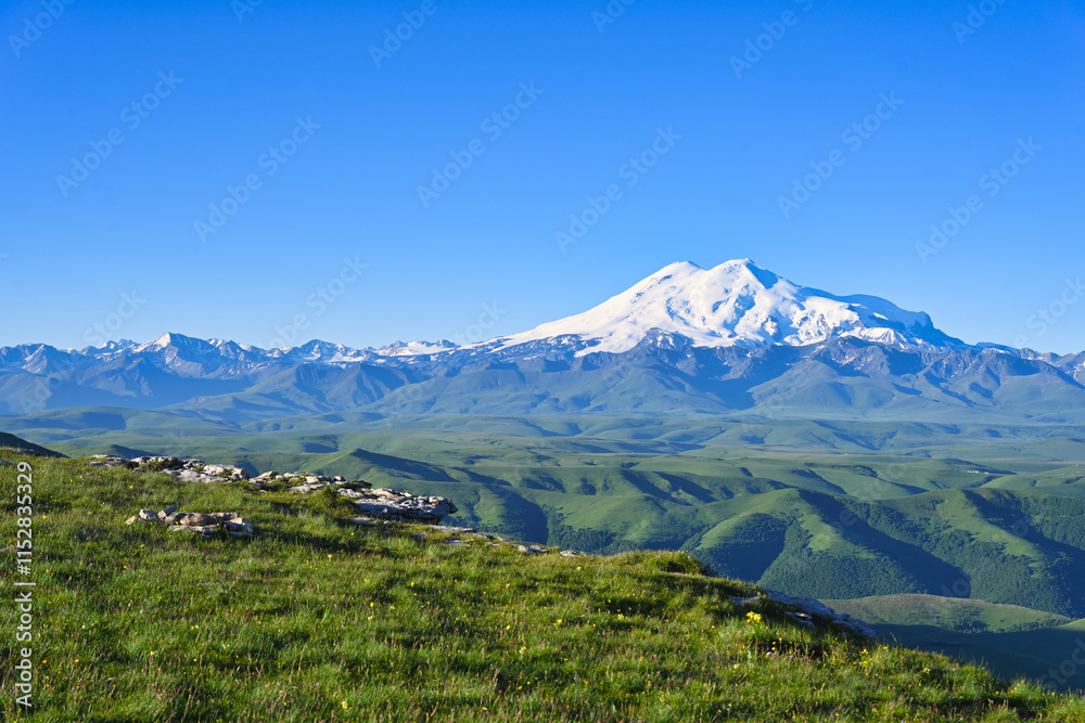 Fototapeta premium Highland summer meadow with Mount Elbrus landscape