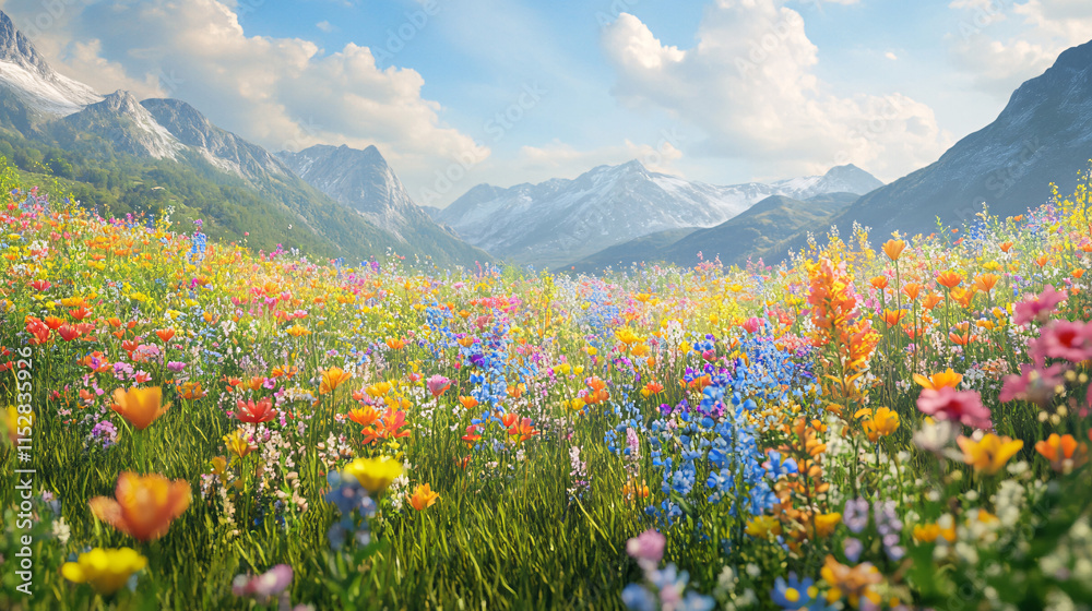 Fototapeta premium A beautiful, sun-drenched spring summer meadow. Natural colorful panoramic landscape with many wild flowers of daisies against blue sky. A frame with soft selective focus. 