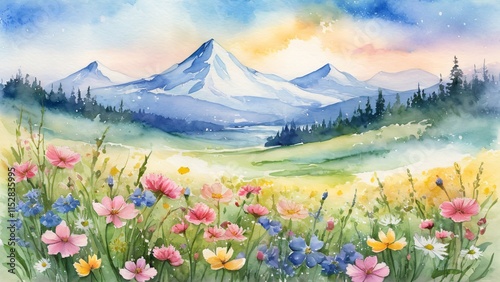 Mountain landscape with colorful wildflowers during the awakening of nature in a vibrant spring scene