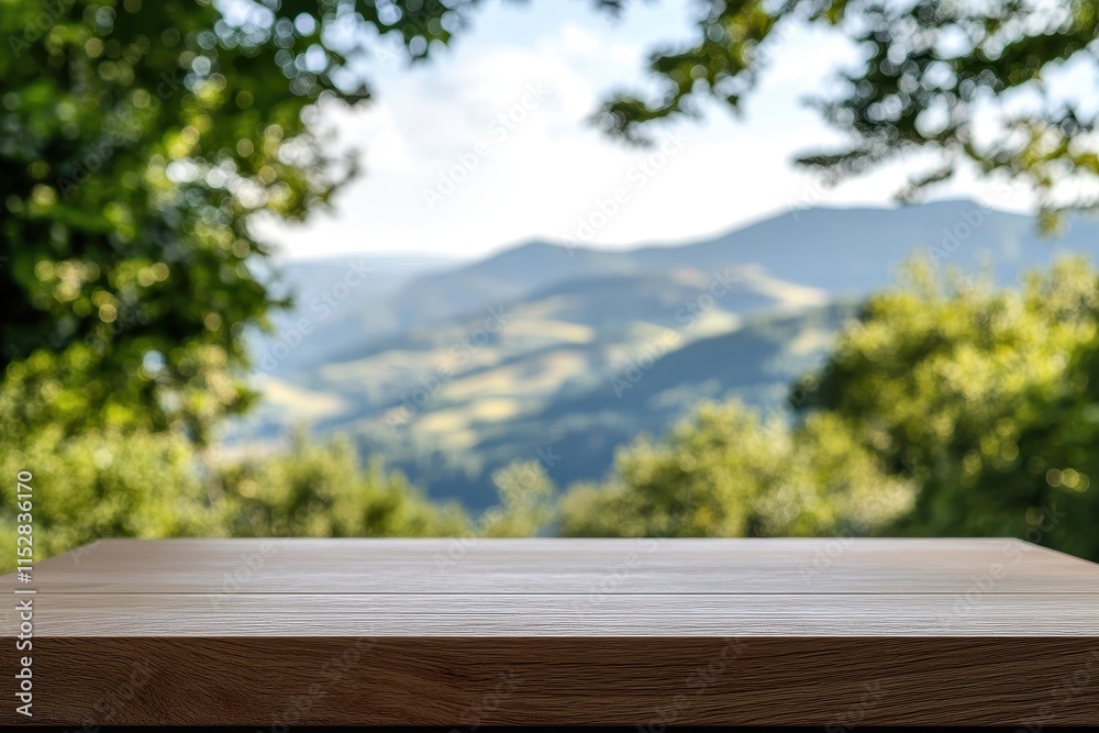 Wooden table overlooking blurred mountain landscape. Wooden table overlooking blurred mountain landscape.