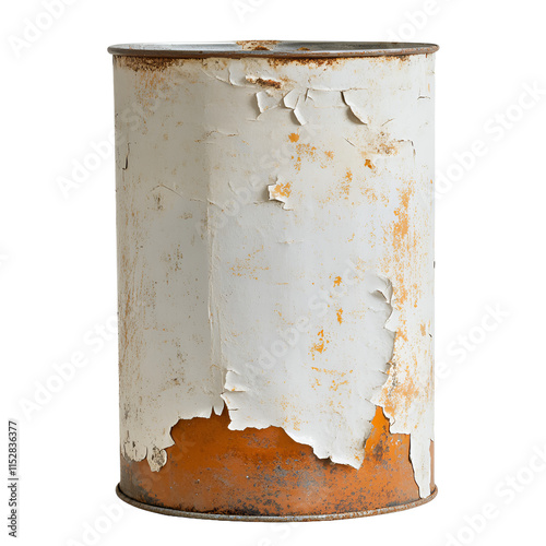 Dented tin can with peeling label isolated on transparent background.