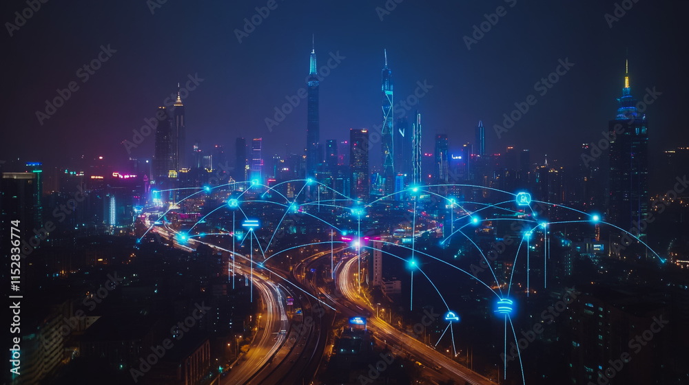 Smart digital city with connection cyber security network reciprocity over the cityscape . future smart wireless digital city and social media networking systems that connects people within the city Smart digital city with connection cyber security network reciprocity over the cityscape . future smart wireless digital city and social media networking systems that connects people within the city
