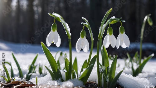 Snowdrops emerging from snow, glistening in sunlight, symbolizing the awakening of nature in spring