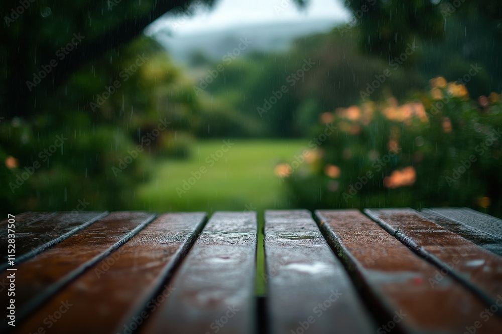 Rain falling on wooden table in garden. Rain falling on wooden table in garden.