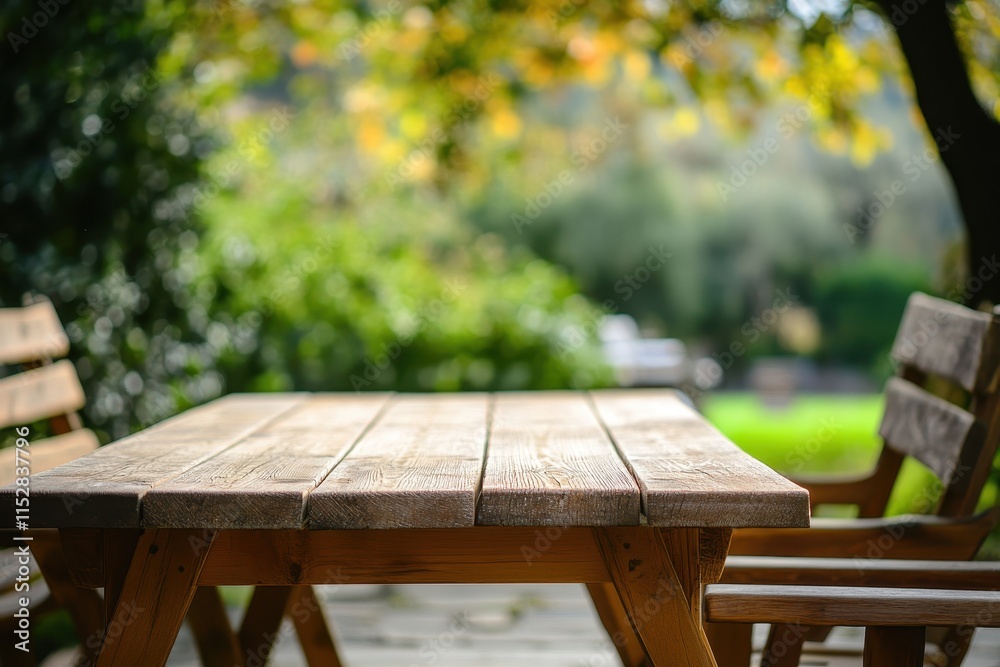 Wooden table and chairs in a garden. Wooden table and chairs in a garden.