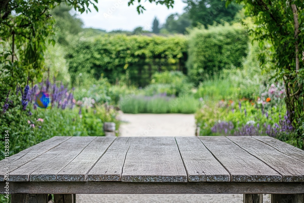 Rustic wooden table in a vibrant garden. Rustic wooden table in a vibrant garden.