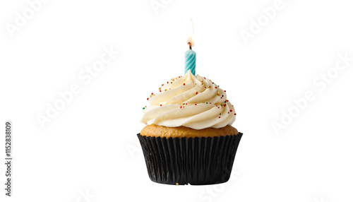 Single Chocolate Cupcake with Frosting, Sprinkles, and Lit Candle for Birthday Parties, Holidays, and Festive Occasions photo