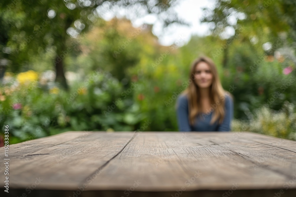Rustic wooden table in blurry garden with woman. Rustic wooden table in blurry garden with woman.