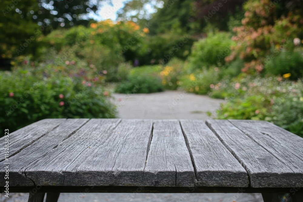 Rustic wooden table in a vibrant garden. (3) Rustic wooden table in a vibrant garden. (3)