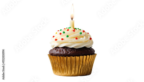 Golden Frosted Cupcake with Lit Candle and Colorful Sprinkles for Special Occasions, Birthday Parties, and Festive Events