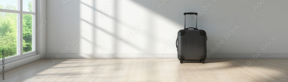 A black suitcase sits in a room with a window