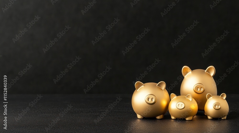 Golden Trio: Three Family Piggy Banks on Black Background Golden Trio: Three Family Piggy Banks on Black Background