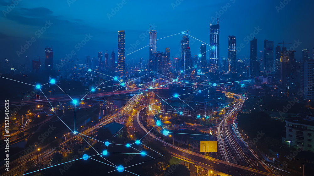 Naklejka premium Smart digital city with connection cyber security network reciprocity over the cityscape . future smart wireless digital city and social media networking systems that connects people within the city