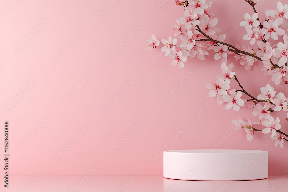 A soft pink background features delicate cherry blossom branches and a blank white podium, creating a serene and elegant display. A soft pink background features delicate cherry blossom branches and a blank white podium, creating a serene and elegant display.