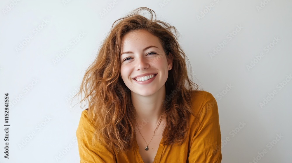 Obraz premium Smiling woman with messy curly hair and yellow top