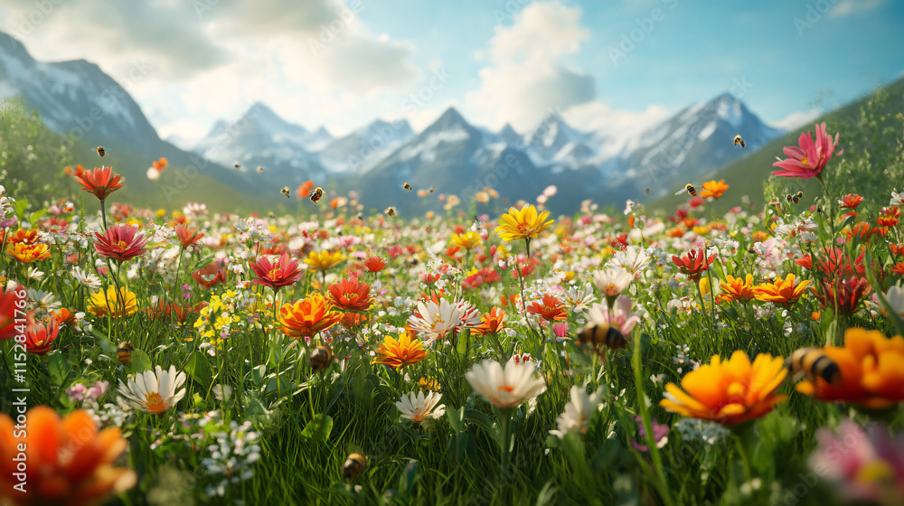 Obraz premium Beautiful meadow field with fresh grass and flowers in nature against a blurry blue sky with clouds. Summer spring perfect natural landscape.