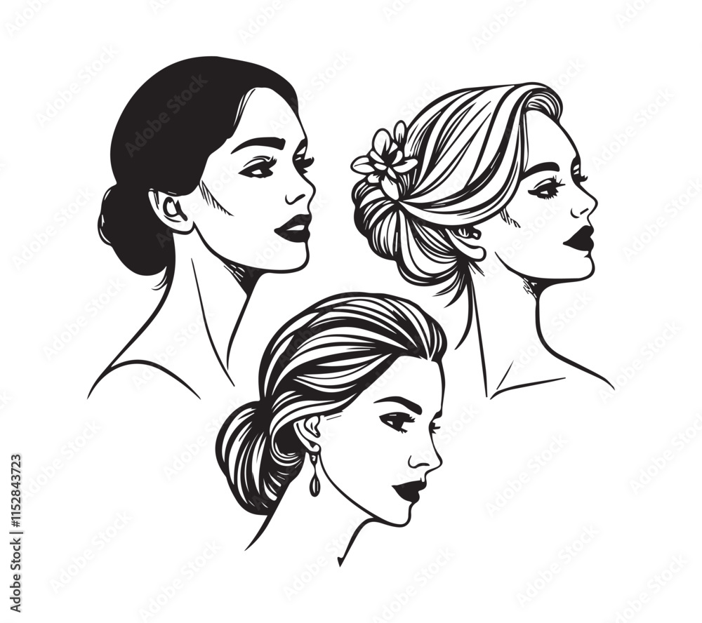Set of stylized woman faces. Modern single line art. Woman beauty fashion concept, minimalistic style black and white Set of stylized woman faces. Modern single line art. Woman beauty fashion concept, minimalistic style black and white
