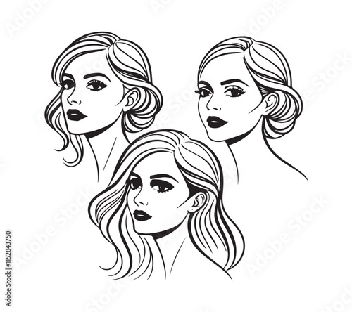 Set of stylized woman faces. Modern single line art. Woman beauty fashion concept, minimalistic style black and white