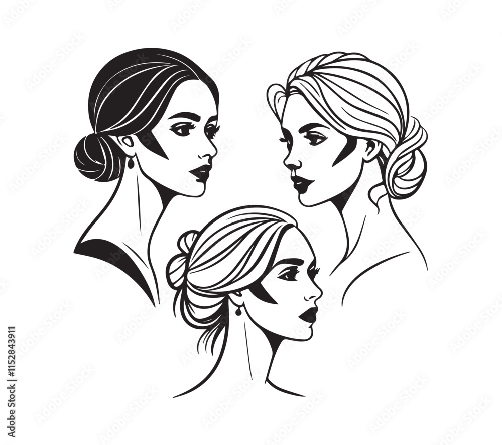 Set of stylized woman faces. Modern single line art. Woman beauty fashion concept, minimalistic style black and white Set of stylized woman faces. Modern single line art. Woman beauty fashion concept, minimalistic style black and white
