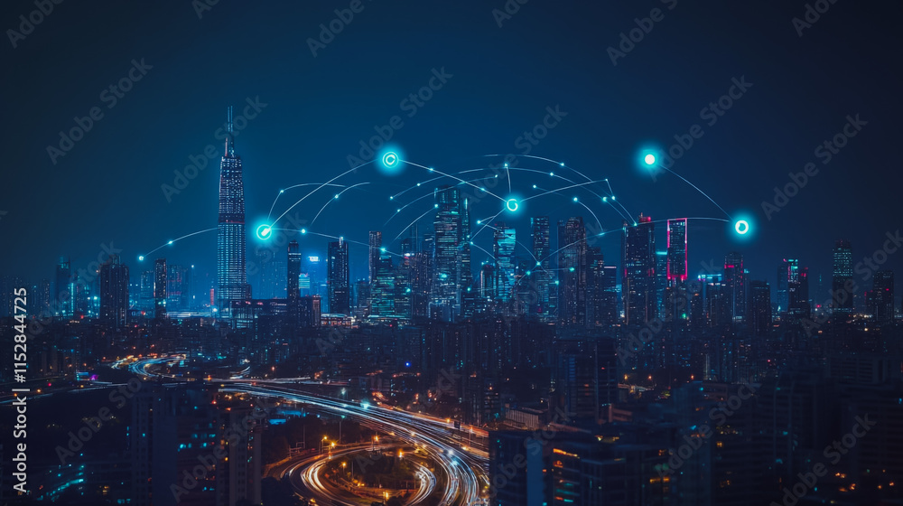 Fototapeta premium Smart digital city with connection cyber security network reciprocity over the cityscape . future smart wireless digital city and social media networking systems that connects people within the city