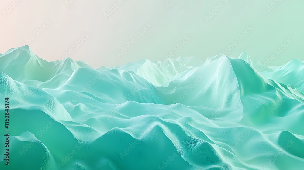 Obraz premium Serene Teal Mountain Range: Dreamlike Digital Painting in Soft, Pastel Hues. AI Generated