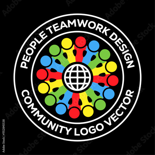 Abstract teamwork hugging people design around of world globe symbol. Logo badge round. Vector isolated on black background.