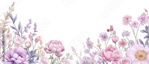 Wallpaper Mural Watercolor Floral Border with Peonies, Roses, and Lavender on White Background Torontodigital.ca