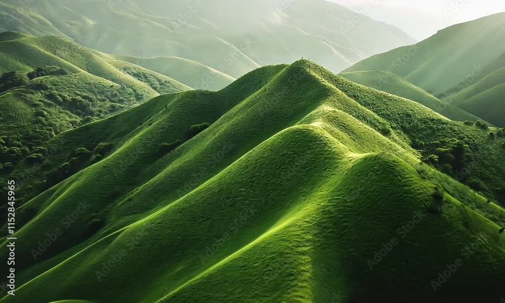 Green hills surrounded by lush green trees, aerial view