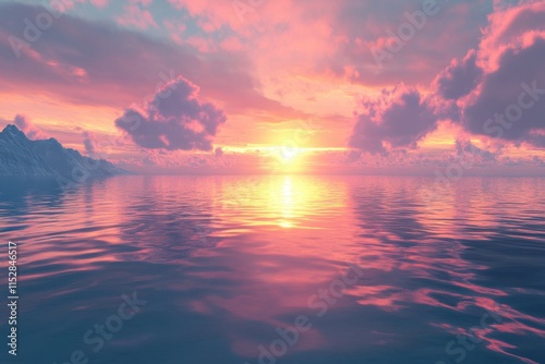 Vibrant sunset over calm ocean with mountains. photo