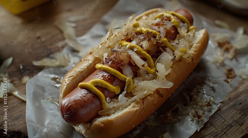 A classic grilled hot dog topped with mustard onions A classic grilled hot dog topped with mustard onions