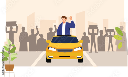 An illustration of an election rally, featuring a candidate waving from a car surrounded by an excited crowd of supporters. 