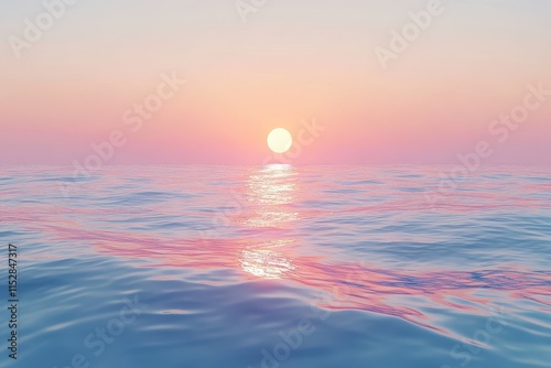 Serene ocean sunset with pastel sky and calm water.