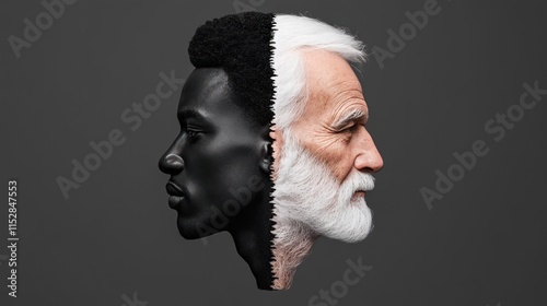 Age in Contrast: Black and White Half Young Man, Half Old Man Concept of Aging