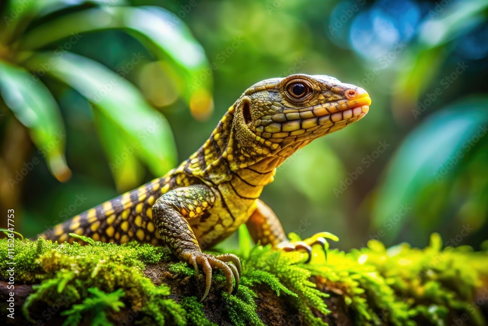 Fototapeta premium Miniature tilt-shift captures a Trinidad Gold Tegu, showcasing exotic Caribbean reptile wildlife in charming detail.