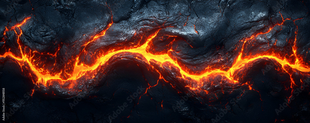 Molten Lava Flows Through Volcanic Rock, Fiery Rivers of Magma Intensely Glowing Molten Lava Flows Through Volcanic Rock, Fiery Rivers of Magma Intensely Glowing