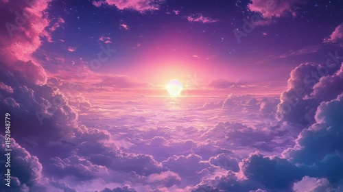 A vast sky filled with fluffy, illuminated clouds in shades of pink, purple, photo