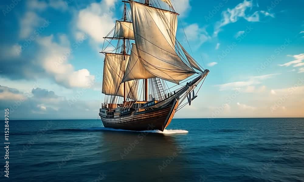 sailing ship in the ocean with blue sky and clouds sailing ship in the ocean with blue sky and clouds