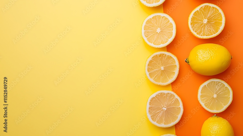 A yellow background with a row of oranges and lemons A yellow background with a row of oranges and lemons