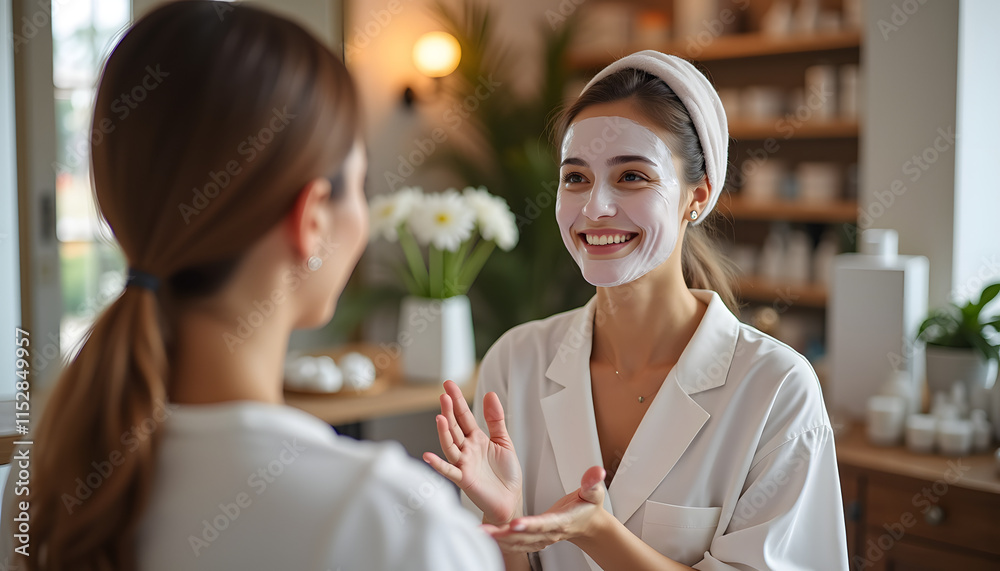 © Vera - Mask application: Close-up of the beautician's hands gently applying the mask to the client's face with a special brush. © Vera - Mask application: Close-up of the beautician's hands gently applying the mask to the client's face with a special brush.